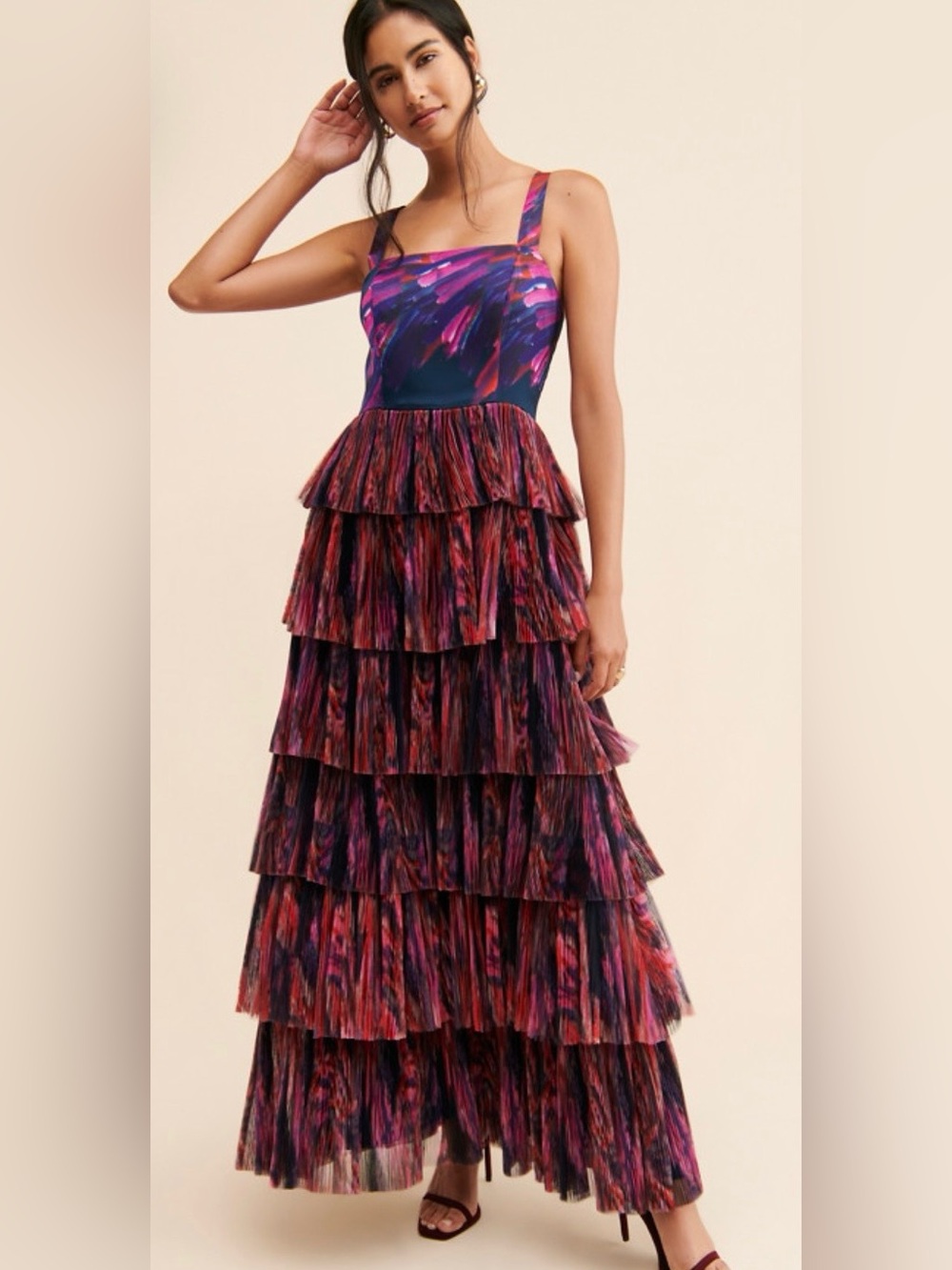 Tulle Tiered Pink & Purple Printed Maxi Dress